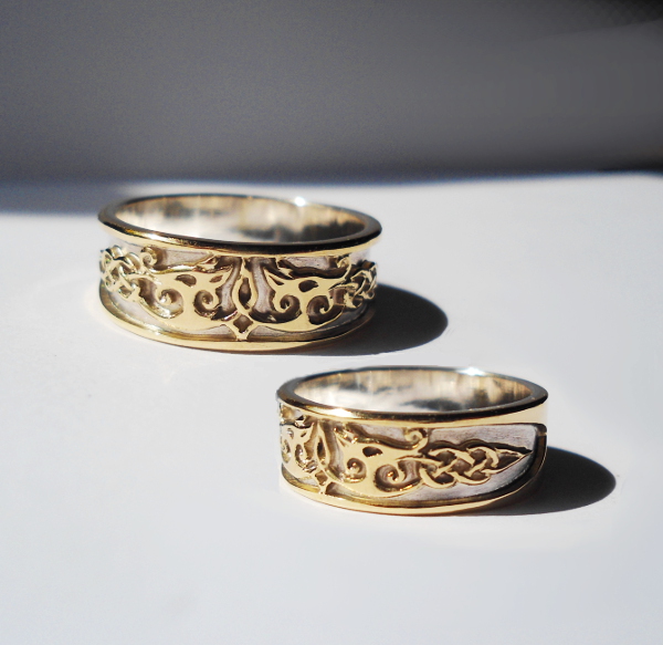 Eheringe keltische Drachen aus Gold und Silber